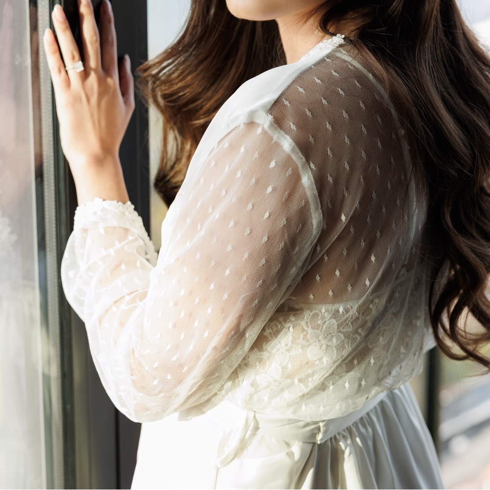 Flora Nikrooz White Charmeuse Wrap Robe with Sheer Dotted Sleeves - Picture 5 of 5